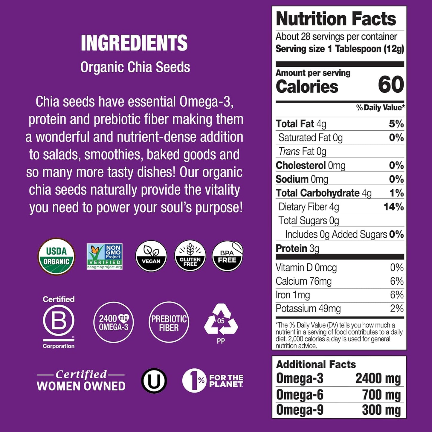 Organic Seeds, White, 12 Ounce (Pack of 1). USDA Organic, Non-Gmo, Vegan, Gluten Free, and Kosher.