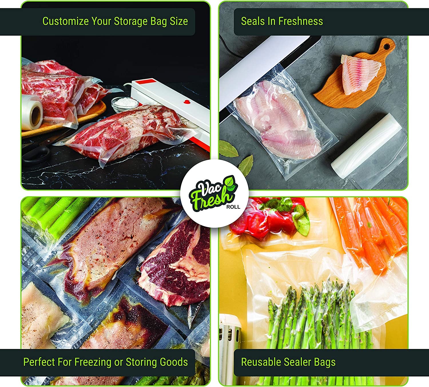 Vac Fresh Food Vacuum Sealer Rolls (8" X 50', 2 Rolls), 3.5Mil Embossed Food Storage Bags, Vacuum Seal Bags for Meal Prep, Sous Vide Bags for Cooking (100 Feet)