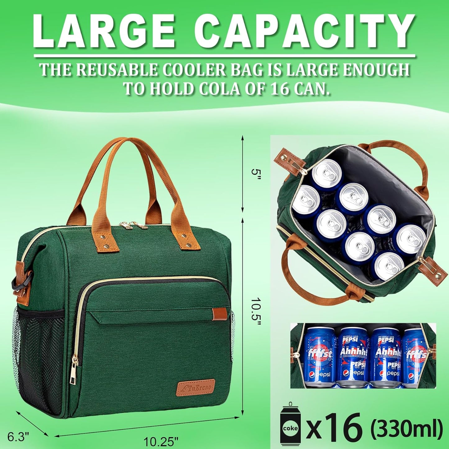 Insulated Lunch Bag Adult Lunch Box for Women for Work Leakproof Soft Cooler for Beach Travel Picnic, Dark Green